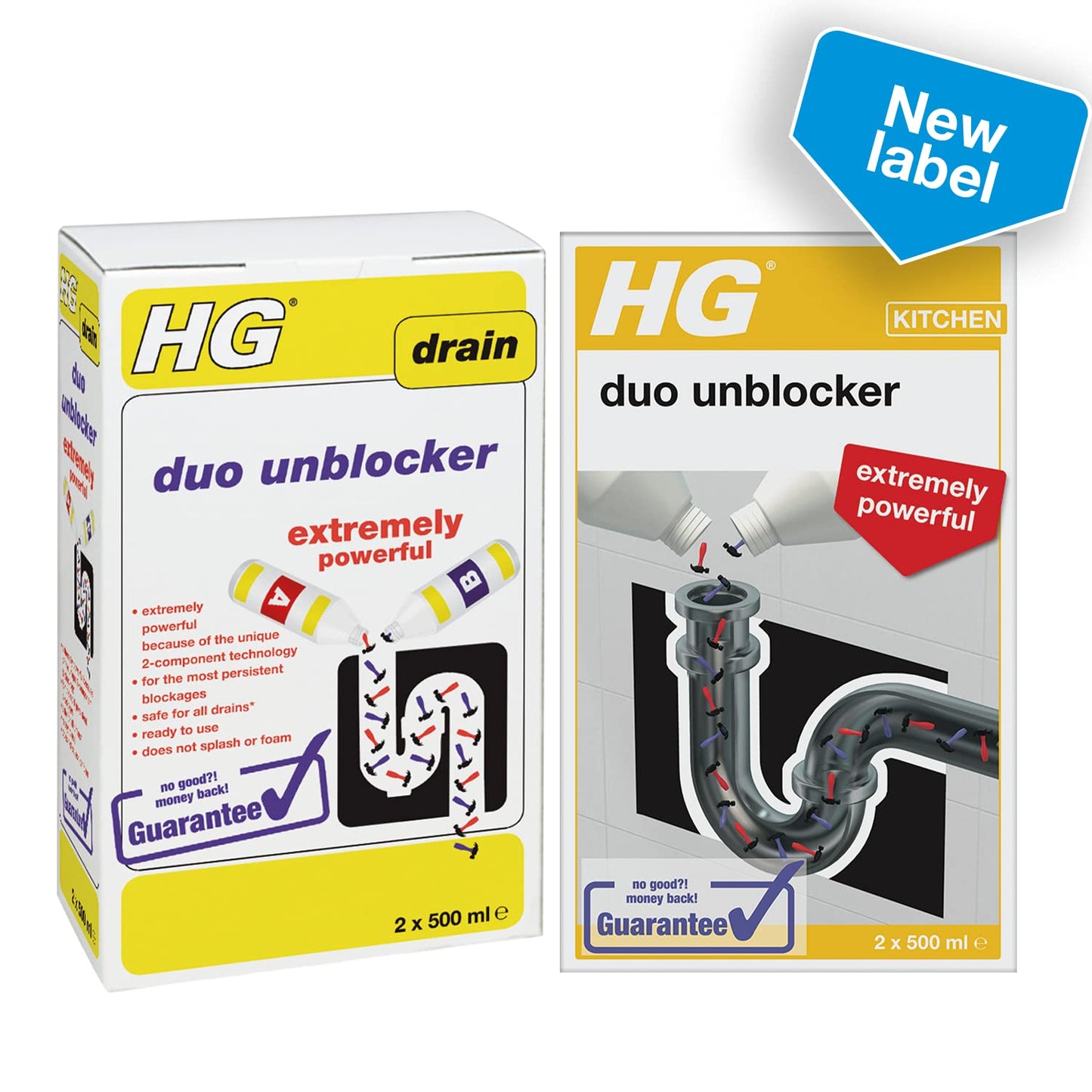 HG Duo Unblocker, Powerful Drain Cleaner, for Kitchen Sink or Bathroom Pipes - 2 x 500 ml