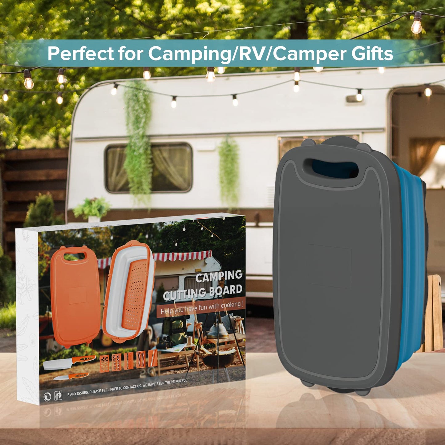 Gintan Camping Cutting Board, 9-in-1 Collapsible Chopping Board with Colander, Kitchen Vegetable Washing Basket for Camping, Camping Gifts Camping Accessories for RV Campers (Blue+Grey)