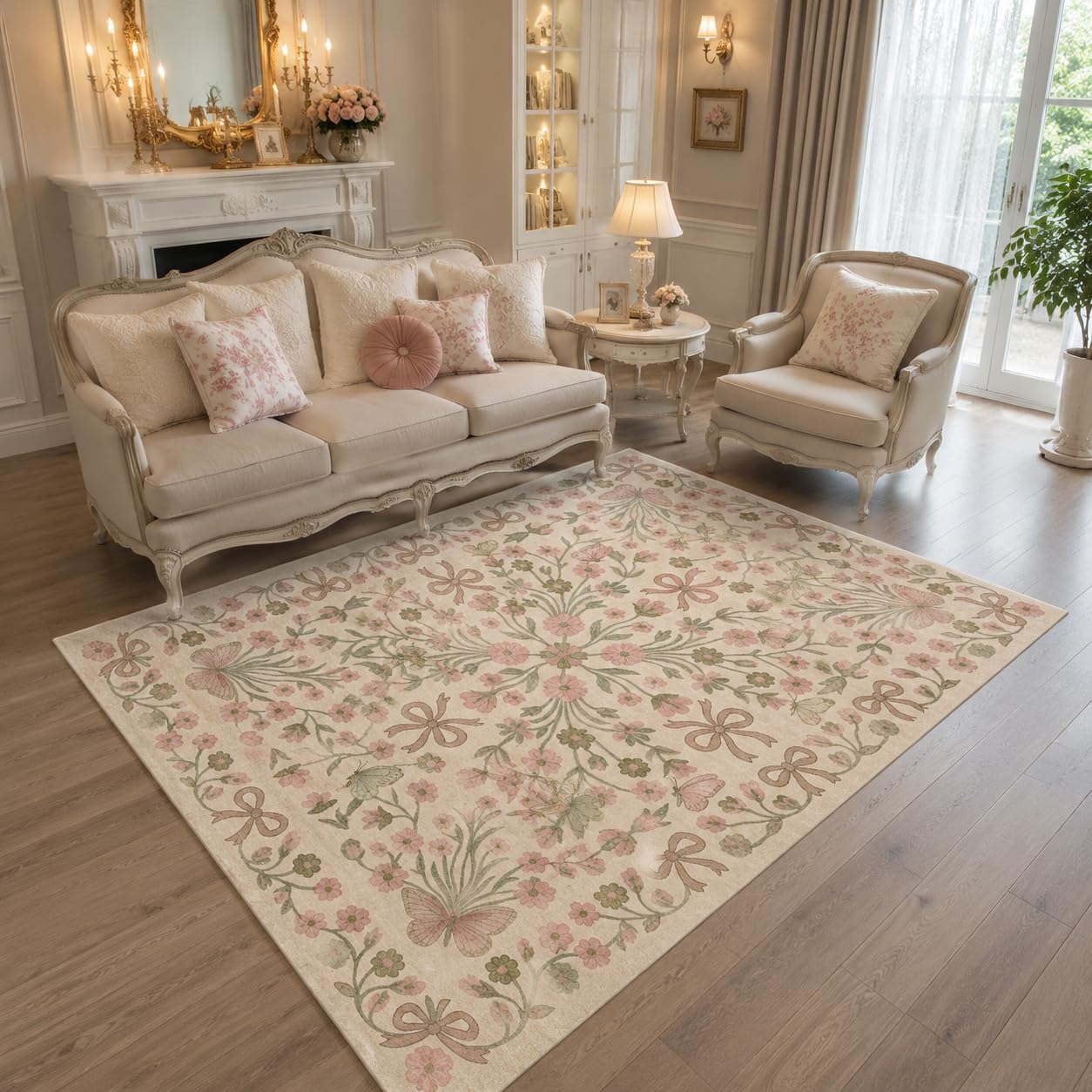 BreezeRise 5x7 Area Rug for Living Room，Boho Beige Butterfly Bow Rug Pink and Green Florals，Non-Slip Washable Foldable Bedroom，Dining Room