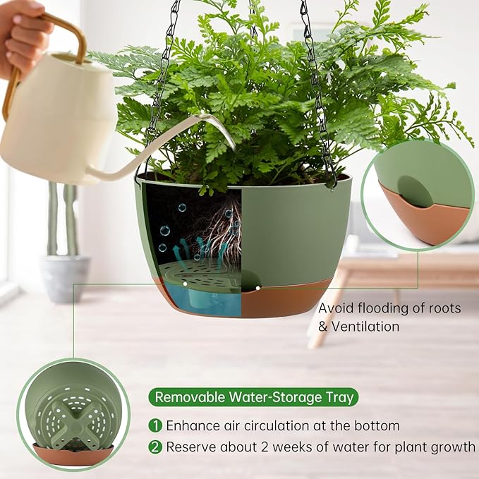 Set of 2 8 Inch Self Watering Hanging Planters for Indoor Outdoor Plants, Color Blocking Hanging Baskets Flower Pots with Drainage Hole & Removable Water-Storage Tray and 20" Chain Hanger