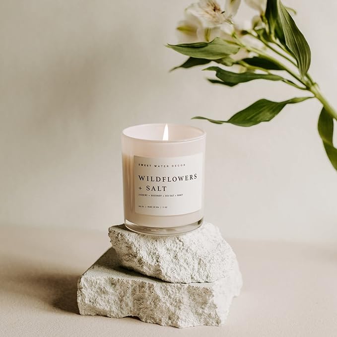 Sweet Water Decor Wildflowers and Salt Soy Candle - Jasmine, Rosemary, Sea Salt, and Honey Scented Spring Candle for Home - 11oz Jar Candle with Wood Lid, 50+ Hour Burn Time, Made in The USA