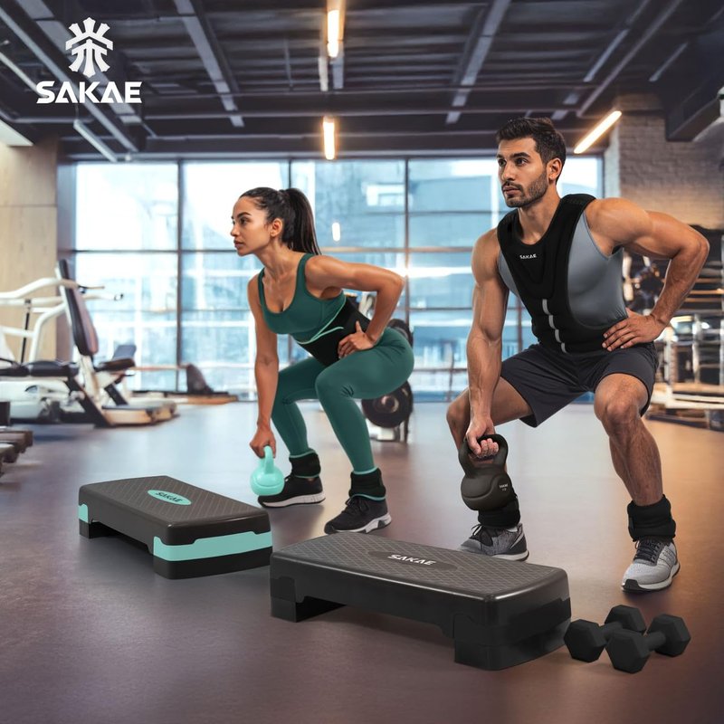 Blue Black Exercise Step Platform Set with Kettlebell & Measuring Tape, Adjustable Height 2 Level Risers Workout Step Trainer, Aerobic Steppers for Home Gym Exercise Fitness Workout