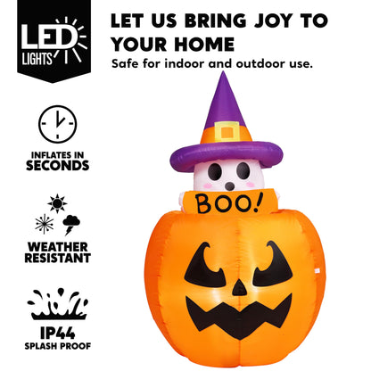 Joiedomi 5ft Tall Halloween Animated Inflatables Outdoor Decorations, Inflatable Ghost on Pumpkin with LEDs, Cute Blow Up Pumpkin Ghost Decor for Outside Yard Outdoor Lawn Garden Party Decoration