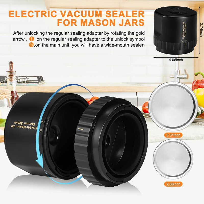 Mason Jar Vacuum Sealer - Electric Kit for Wide & Regular Mouth Canning Jars | Auto-Stop Function, Black