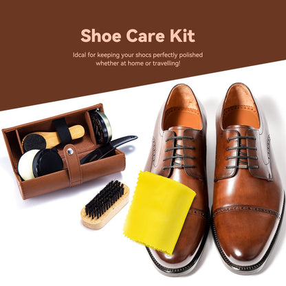 YUET Shoe Polish Kit Cleaning Shine Care Barrel Set For Brown Black Leather With Brush Travel Case Luxury Premium Soft Horsehair Bristle Dauber, Wooden Applicator, Shoehorn, Cloth 7 Piece