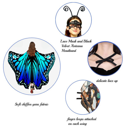 Halloween Costumes for Women Adult Butterfly Costumes Wing Cape Shawl 3Pcs （Green & Blue）