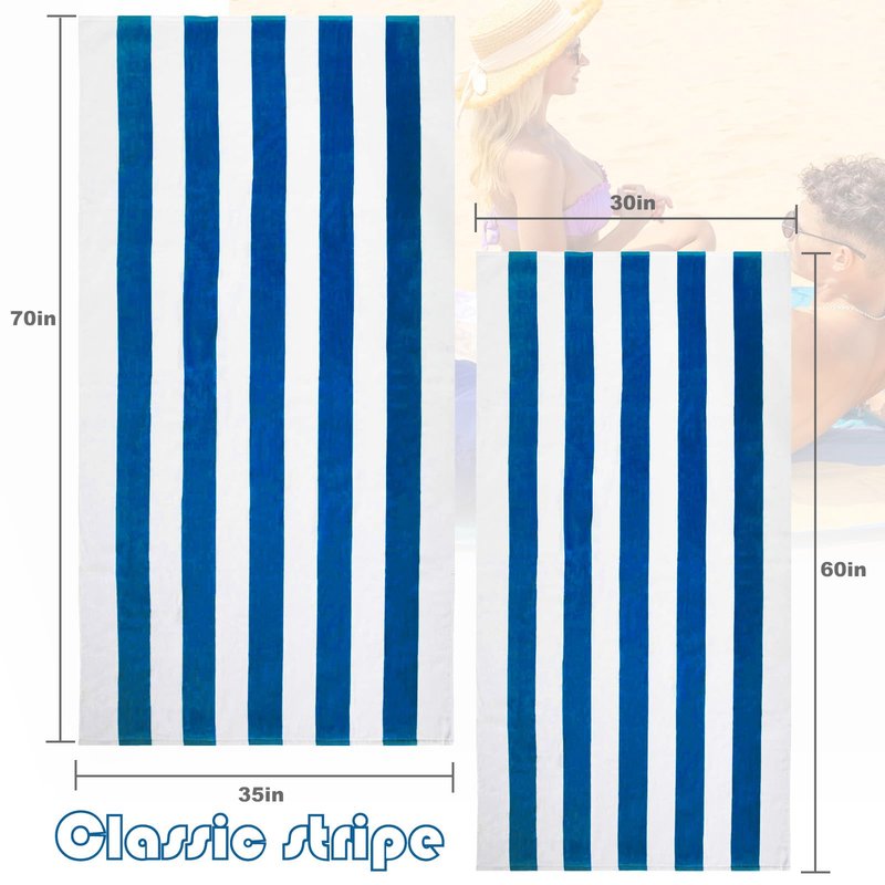 Exclusivo Mezcla 2 Pack Cotton Oversized 35x70 Inches Cabana Stripe Beach Towels, Super Absorbent Soft Plush Pool Bath Towel (Ocean Blue)