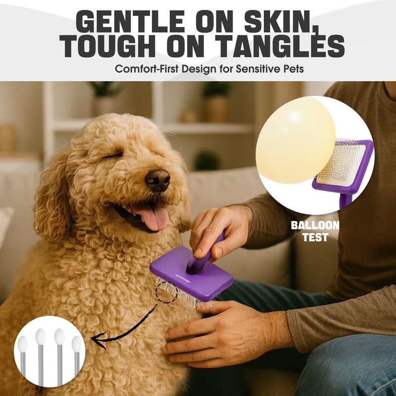 Bonteck Dog Slicker Brush for Dogs Grooming Kit 5PCS | Large Dog Brush for Goldendoodles Poodles Doodles | Long Pin Haired Brush | Poodle Brushes and Comb (Purple)