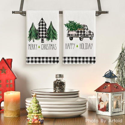 Artoid Mode Buffalo Plaid Truck Trees Kitchen Dish Towels Merry Christmas, 18 x 26 Inch Winter Drying Cloth Tea Towels for Cooking Baking Set of 2