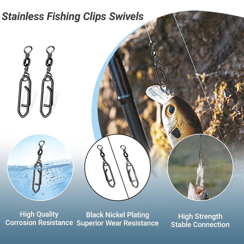 AMYSPORTS Heavy Strength Fishing Snap Stainless Saltwater Freshwater Fishing Swivel Clip Rolling Barrel Fishing Clips Swivels Speed Change Black Nickel, 50pcs, 70lb