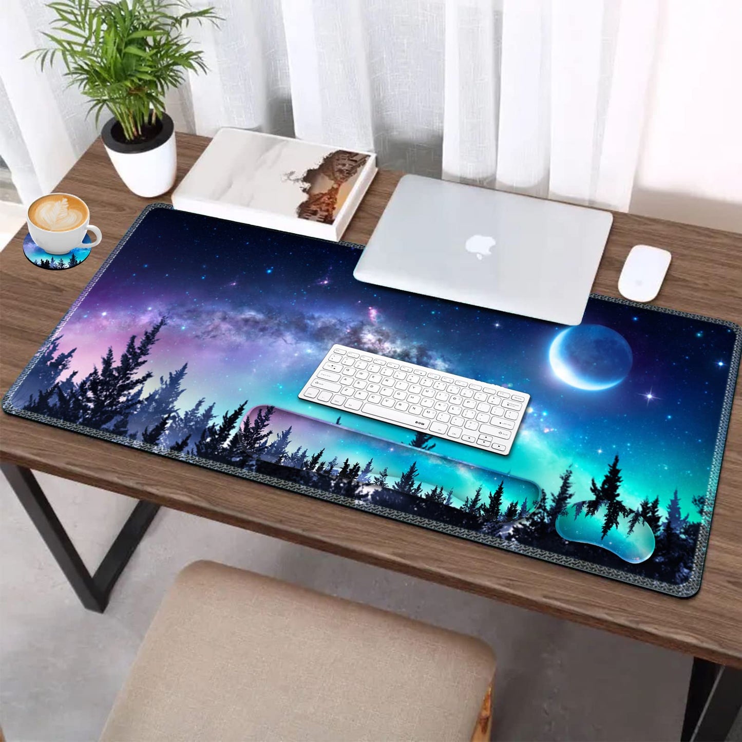 AIMSA Large Gaming Mouse Pad Set, Keyboard Wrist Rest Support + Extended Mouse Pad + Mouse Wrist Cushion + Coaster, Ergonomic Memory Foam Multifunctional Desk Mat 35x15.7inch (Forest Moon Sky)