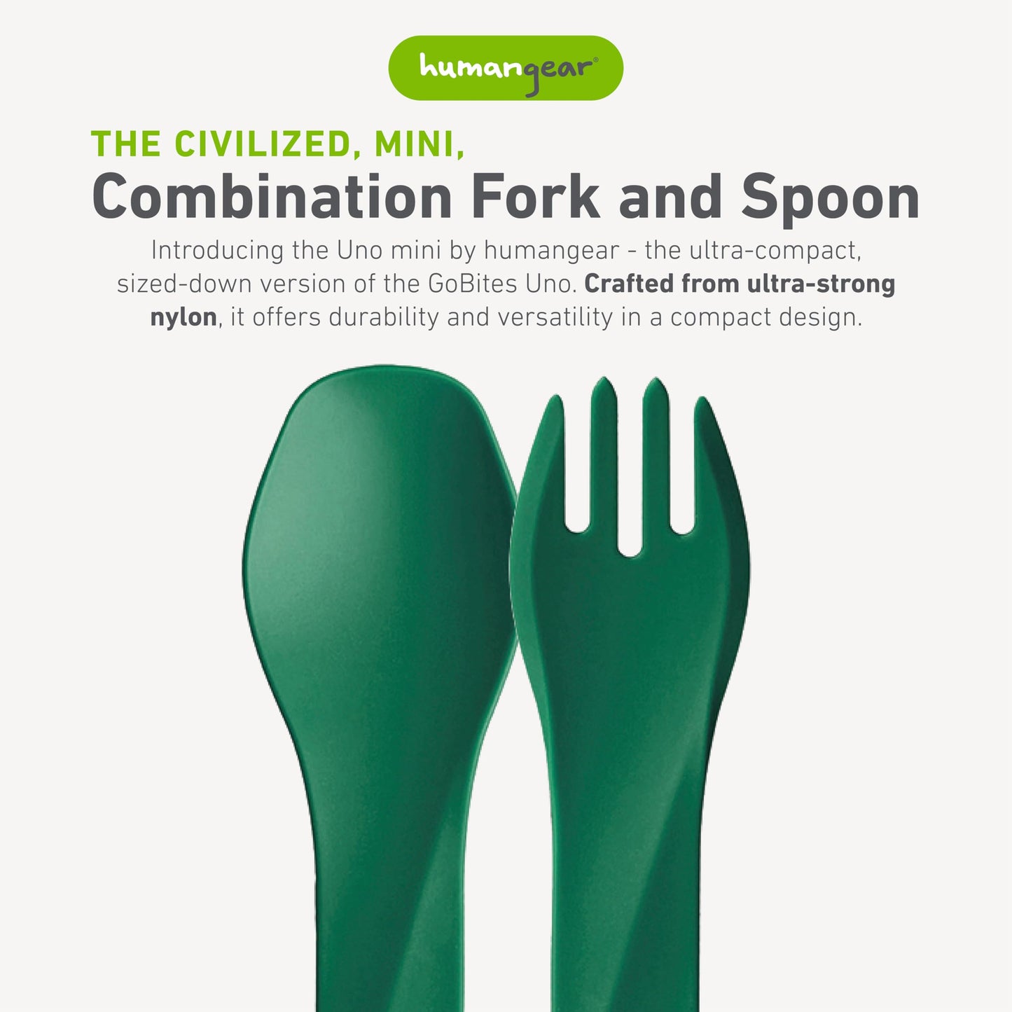 humangear GoBites Uno | Travel & Camping Utensils | Portable & Convertible Dining Ware | Multi-Functional Spork, Medium Green