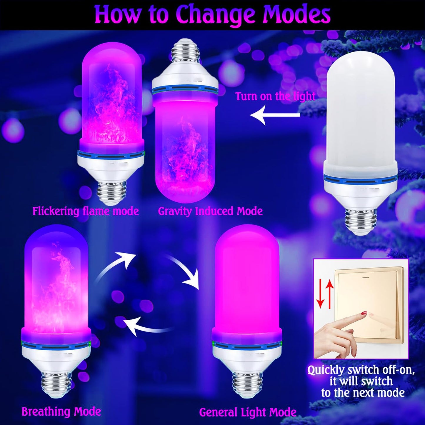 Upgraded LED Purple Flame Light Bulbs, 4-Mode Flickering Light Bulbs with Gravity Sensor, E26 Fire Light Bulb for Porch Party Patio Home Halloween Christmas Indoor Outdoor (Purple, 1)