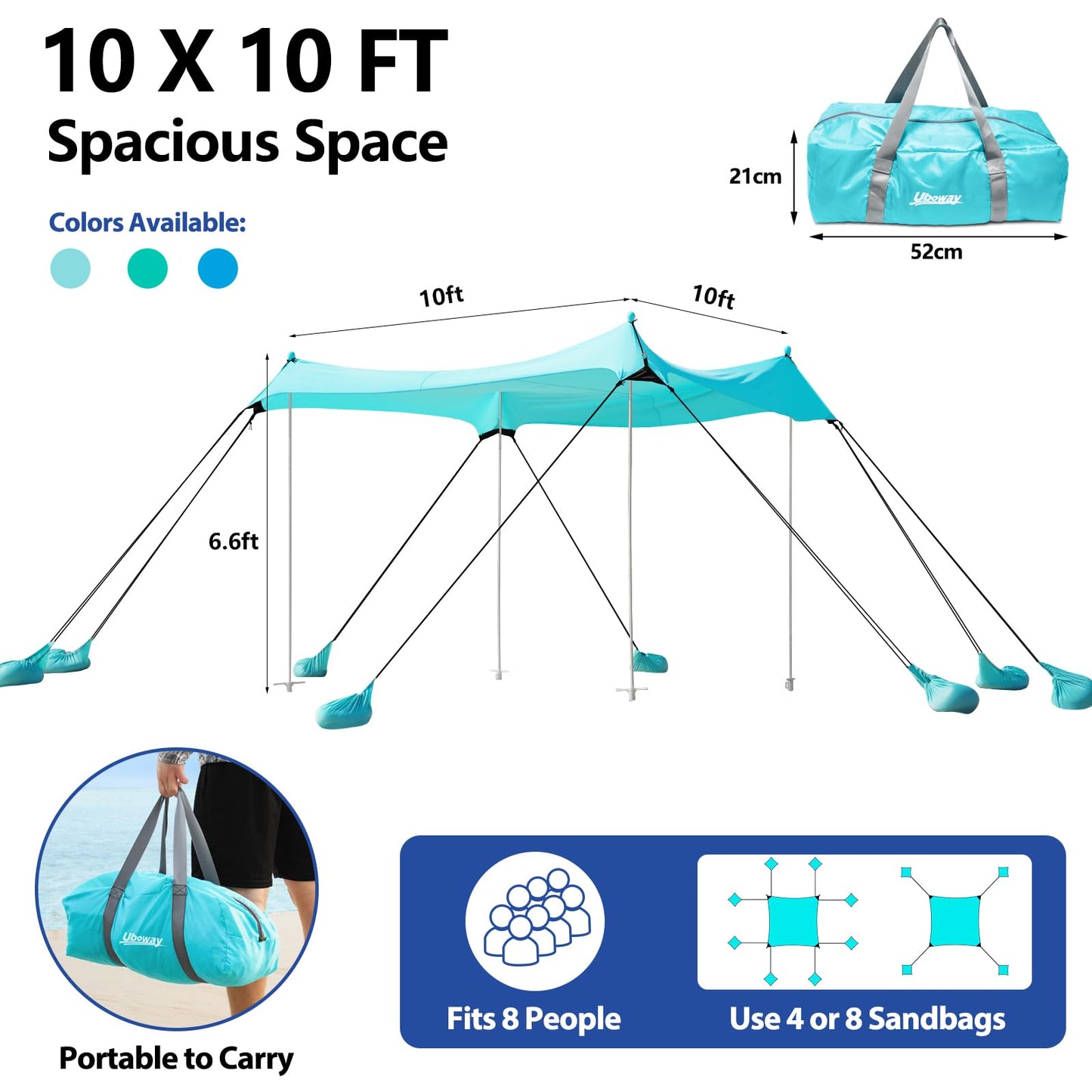 Beach Tent, Camping Tent UPF50+ with 8 Sandbags, Beach Essentials for 6-12 Persons, Beach Shade Canopy with Stability Poles and Big Ground Pegs, Pop Up Canopy for Camping, Picnics, 10X10FT Turquoise
