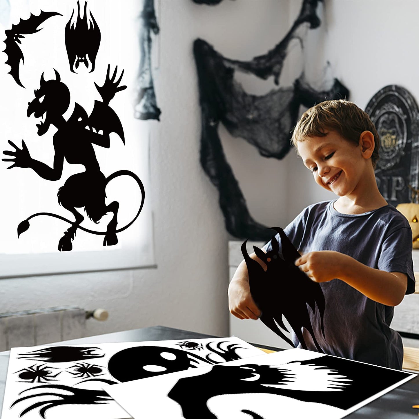 CCINEE Halloween Window Cling Sticker,Giant Spooky Monster Silhouette Window Decal for Halloween Party Decoration,4 Sheet