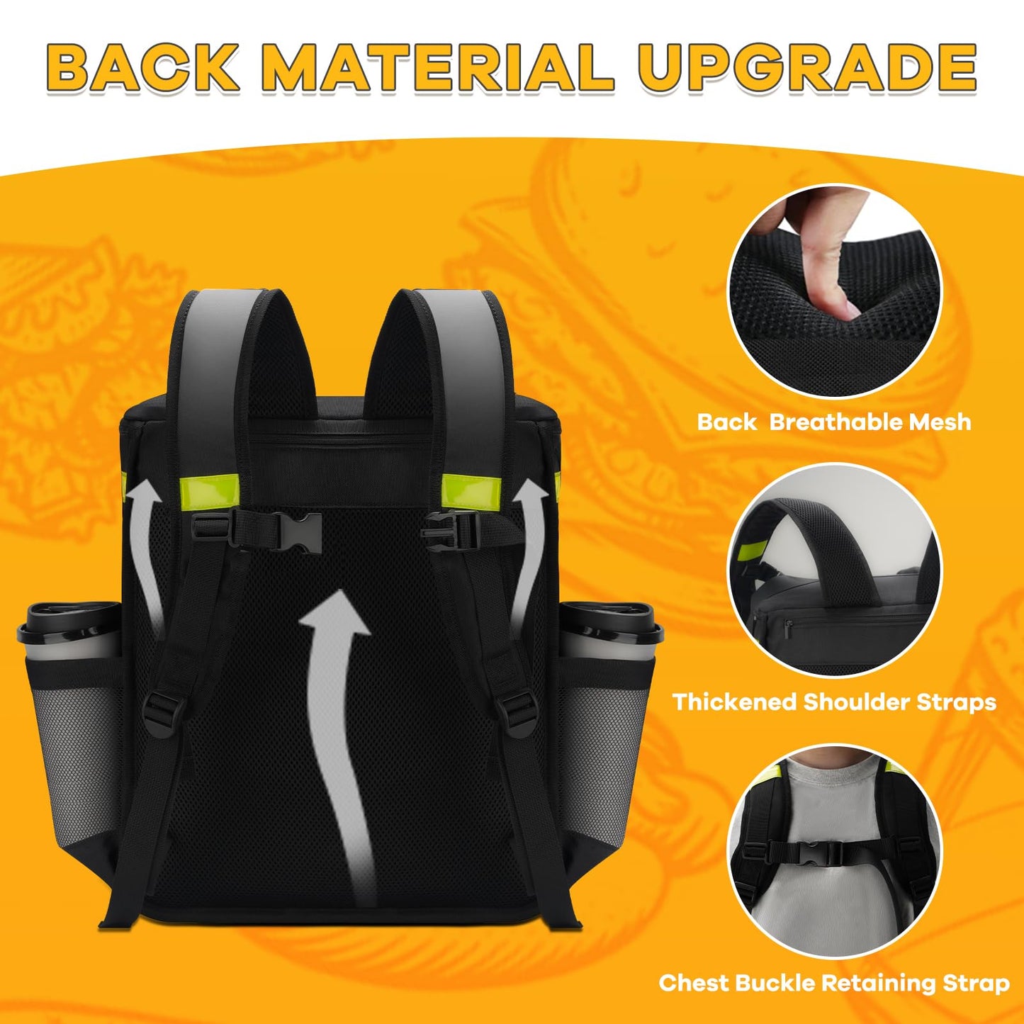 Ytonet Food Delivery Backpack with 7 Cup Holders, Extra Large Insulated Delivery Bags for Hot/Cold Food, Expandable Insulated Pizza Bag for Bike Fits for Uber Eat, Grubhub, Doordash, Black
