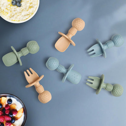 Eascrozn Baby Spoons and Forks Feeding Set, 6 Pack Silicone First Stage Self Feeding Toddler Utensils, BPA Free, Baby Led Weaning Supplies for Training Spoons