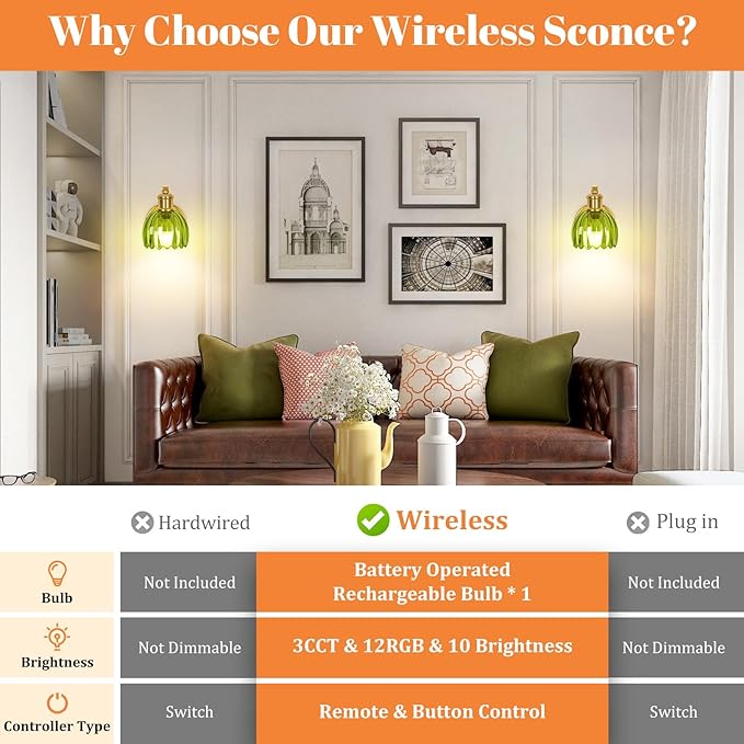 Rechargeable Battery Operated Wall Sconce with Green Glass Lampshade, Wireless Wall Scone Decor with Remote Control, 15 Colors Gold Wall Light for Bedside Hallway Bedroom Doorway