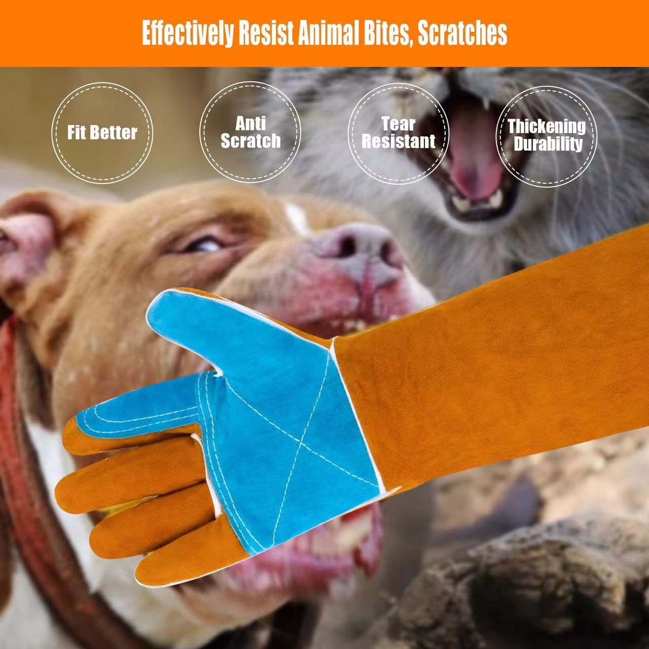 MOUTCLMB Animal Handling Gloves Bite Proof,17.7 Inches Welding Gloves,Double Leather Reinforced Padding Dog,Pet Gloves for Cat Dog Bird Falconry Snake
