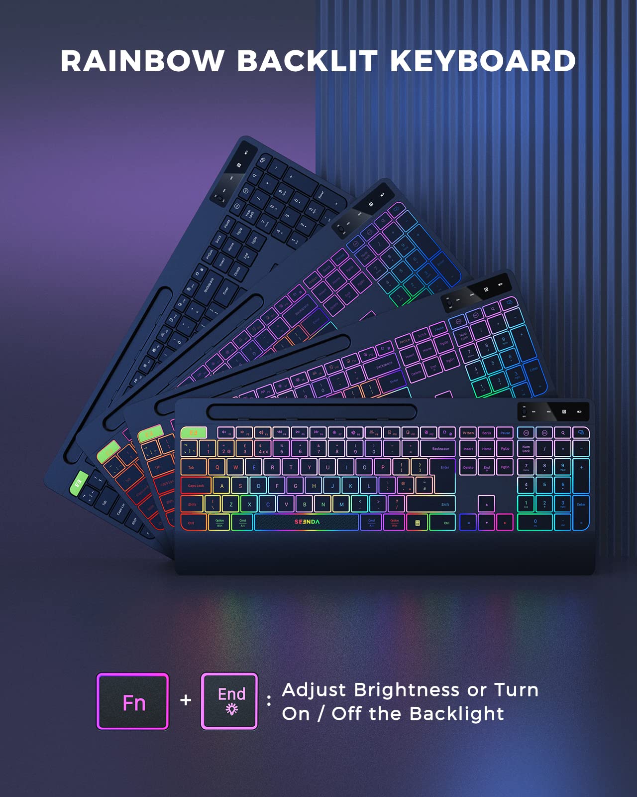 seenda 2.4G Wireless Keyboard and Mouse Combo with Rainbow Backlit, Rechargeable Keyboard and Mice Set UK Layout Full Size with 2 in 1 USB C & USB A Dongle and Wirst Rest, Black
