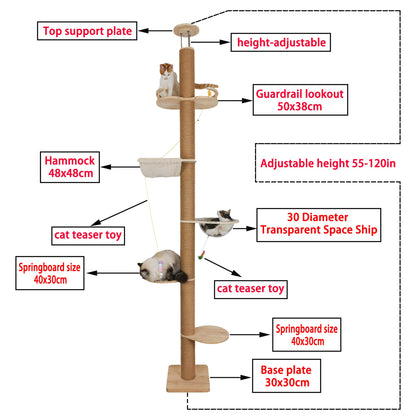Floor to Ceiling Cat Tree Height (50-120 in) Adjustable Cat Tower 5 Tier Hemp Scratching Post High Cat Tree Sturdy Activity Tree Indoor Outdoor Cat Scratching Post Activity Center