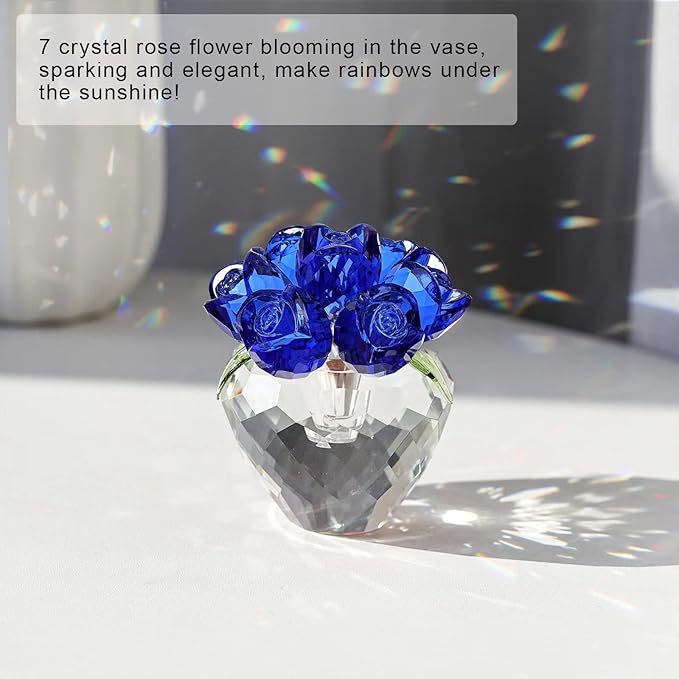LONGWIN Crystal Rose Flower Figurines Collectible Glass Spring Bouquet with Vase Home Decor Romantic Gifts for Women Blue