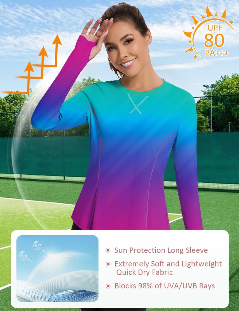 Avoogue Womens Rashguard Long Sleeve with Thumb Holes Moisture Wicking UV Protection Shirts Workout Hiking Tops(Gradient Rainbow,M)