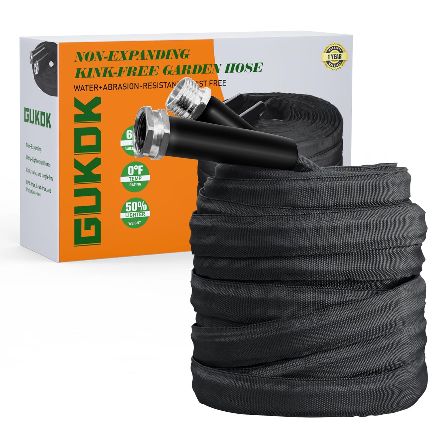 GUKOK Non-Expanding Garden Hose, Lightweight, Ultra Flexible, Durable, Kink-Free Garden Hose, RV, Marine and Camper Hose, 50-Feet x 1/2-Inch
