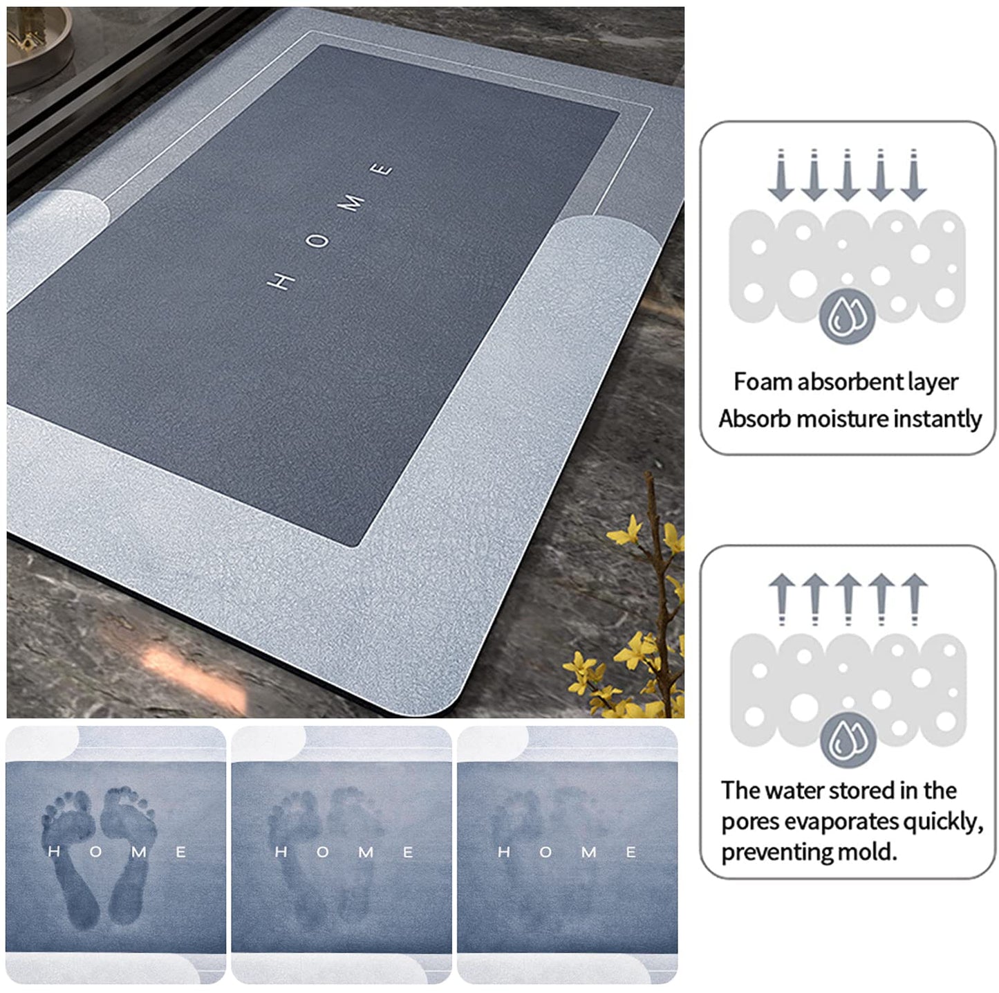 Bingobang Absorbent Bath Mat Non Slip Anti Mould 60 x 40 cm, Diatom Mud Bathroom Shower Floor Mat, Quick-Dry 4 Layer Thickened Rug for Bedroom, Kitchen, Toilet, Door