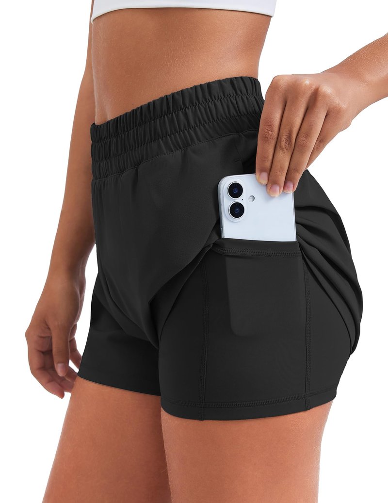 PINSPARK Women's Workout Shorts with 4 Pockets 2 in 1 Running Shorts High Waisted Athletic Shorts 3" Quick Dry Gym Training Shorts Black M