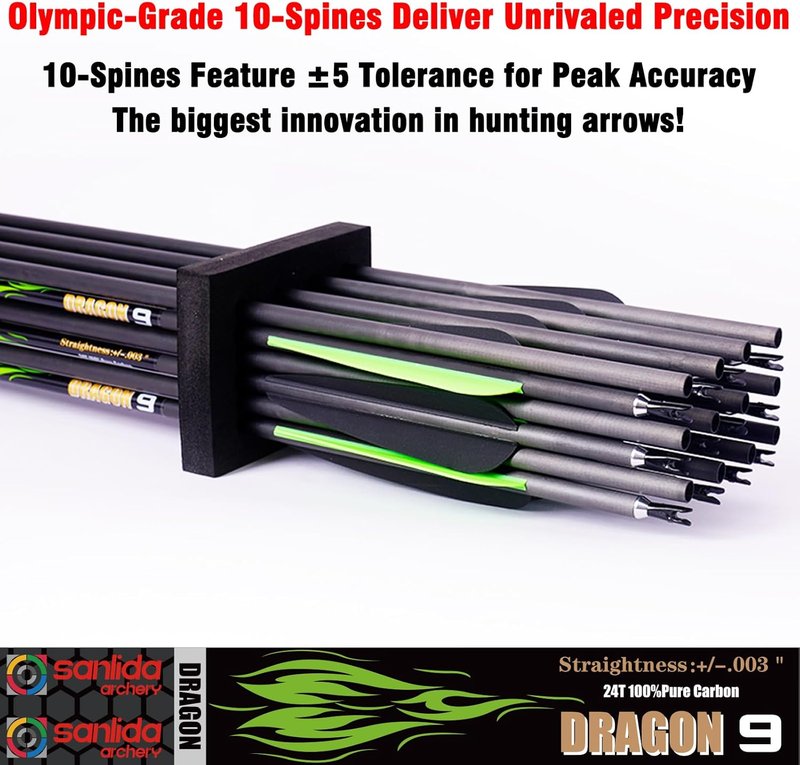 Sanlida 100% Pure Carbon Hunting Arrows - Olympic-Grade 10 Spine Deflection | 0.001" Straightness, 12/24 Pack