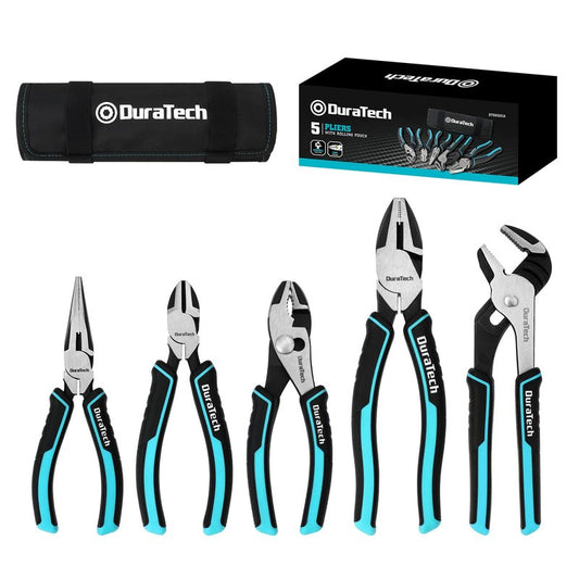 DURATECH 5-Piece Cr-Ni Pliers Set, 6" Long Nose, Slip Joint, Diagonal Cutting, 8" Linesman, Groove Joint Pliers, Easy Storage Oxford Rolling Pouch