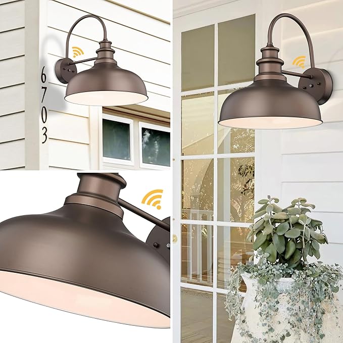 Bestshared 16 Inch Dome Large Dusk to Dawn Sensor Gooseneck Barn Light Anti-Rust Farmhouse Outdoor Wall Sconce Industrial Exterior Wall Lighting Fixture, Outside Lantern G (ORB+White, 16” Dome-1Pack)