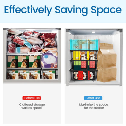 4 Pack Freezer Organizer Bins, Stackable Deep Freezer Organizer Bins, Chest Freezer Baskets for Sorting Frozen Meats and Food, Freezer Storage Basket with Foldable Handles