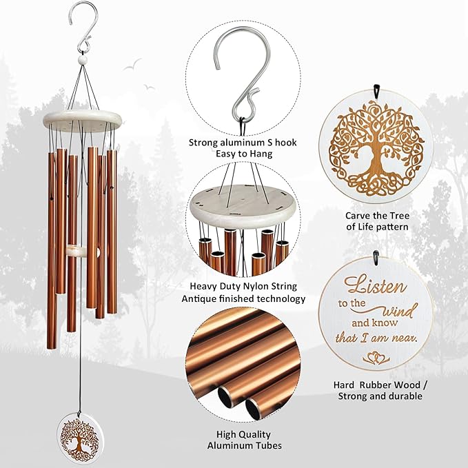 Tree of Life Memorial Wind Chimes, 33" Engraved Sympathy Gifts for Loss of Loved One, Home Yard Garden Decor (Copper)