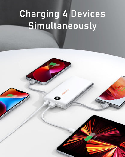 VEEKTOMX Portable Charger with Built in Cables 10000mAh, Power Bank for iPhone with Wall Plug, Travel Essential Fast Charging USB C Slim External Battery Pack for iPhone16/15/14, Samsung, iPad, etc