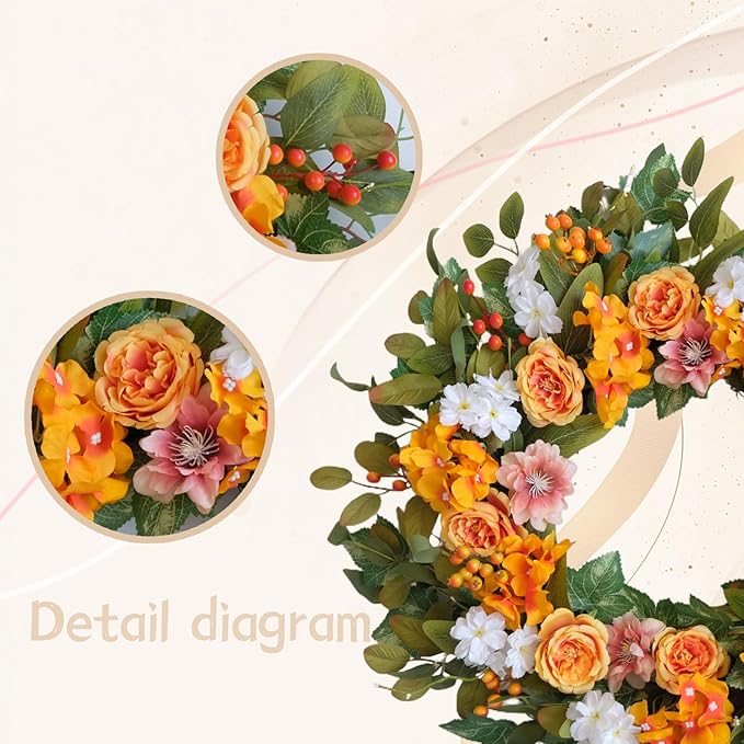 22-inch Fall Wreath Orange Rose Hydrangea Berry Green Leaf Fall Front Door Wreath Indoor Outdoor Decoration Thanksgiving Harvest Festival Party Wedding Office Decoration