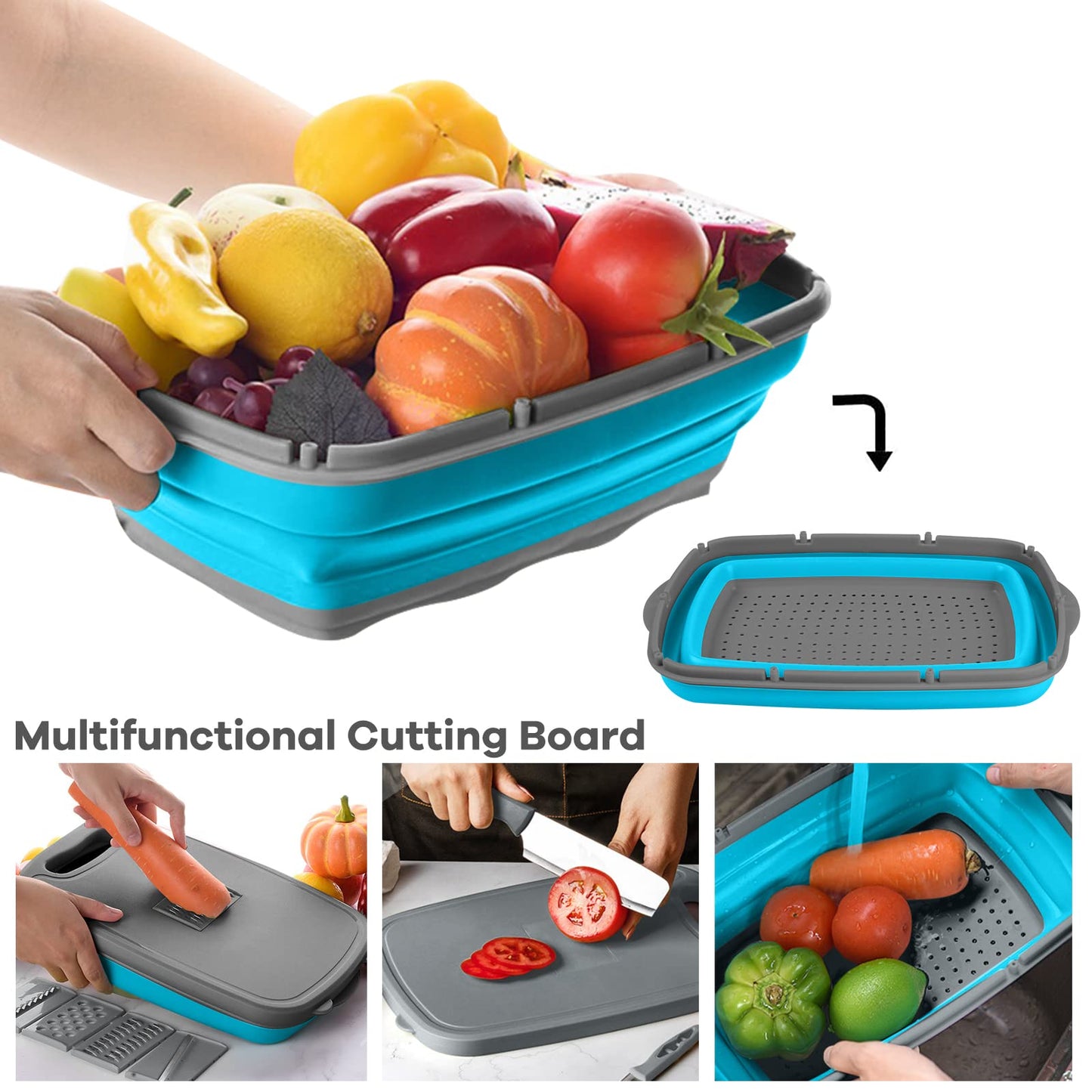 Gintan Camping Cutting Board, 9-in-1 Collapsible Chopping Board with Colander, Kitchen Vegetable Washing Basket for Camping, Camping Gifts Camping Accessories for RV Campers (Blue+Grey)