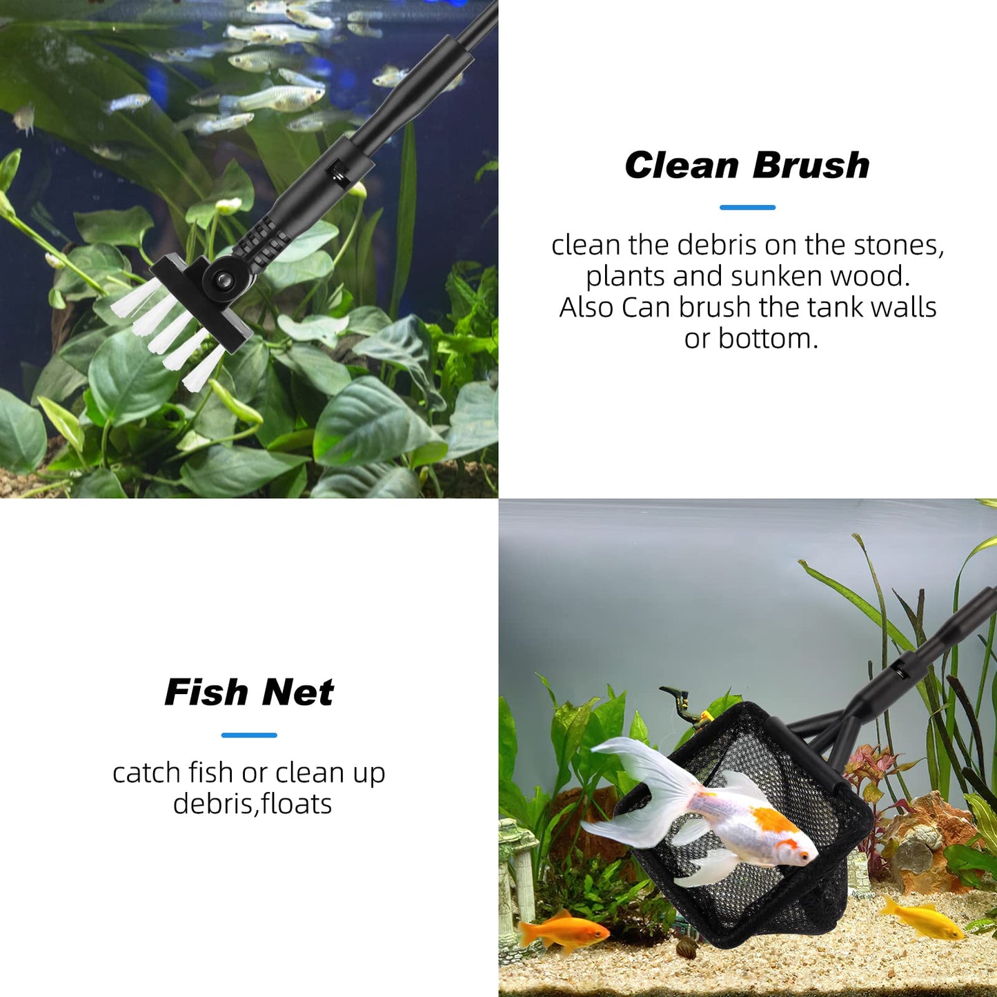 hygger Small Fish Tank Cleaner, Aquarium Cleaning Tools Kit with Handle, Seaweed Scraper, Fishing Net, Sponge Brush,Wall Brush (S)