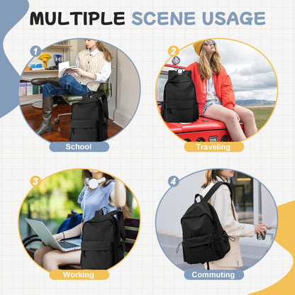 HYC00 School Backpack Womens, Causal Travel School Bags 14 Inch Laptop Backpack Rucksack Bag for Women Teenage Girls Boys Lightweight College Rucksack Water Resistant Bookbag Work Daypack, Black