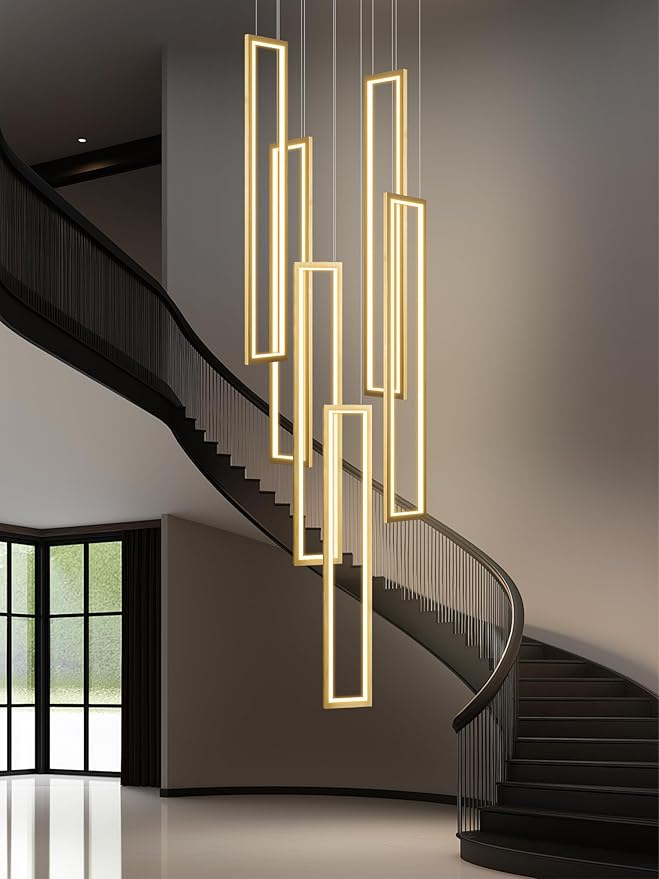 Flashing God Modern Chandelier,Gold Chandeliers with 6 Ring Led Foyer Chandeliers,Larger High Ceiling Chandelier for Living Room,Rectangle Chandelier for Entryway Staircase LED Dimming 2700k-6001k