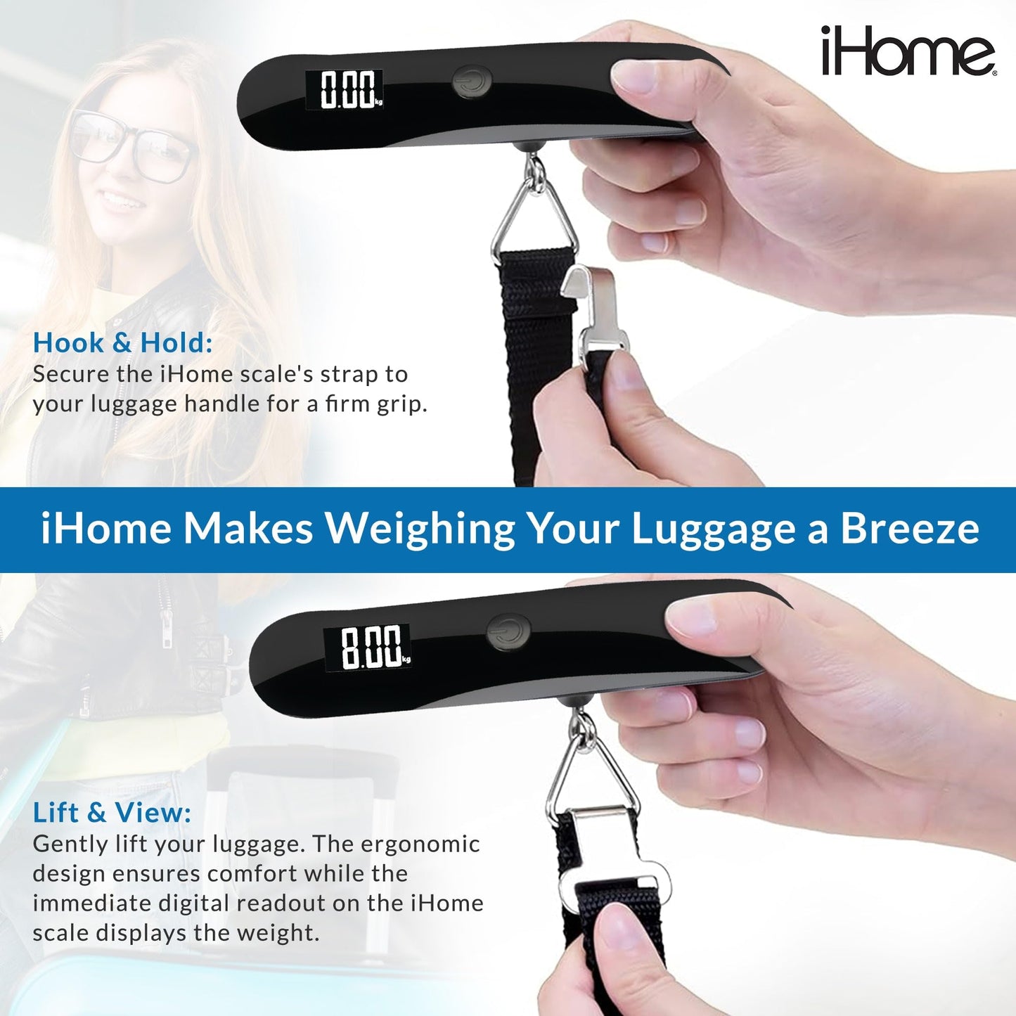 iHome Digital Luggage Scale, Battery Included, Travel Scale Luggage Weight, Baggage, Suitcase Scale, Luggage Scale Travel Digital, Hanging Scale, Luggage Weight Scale