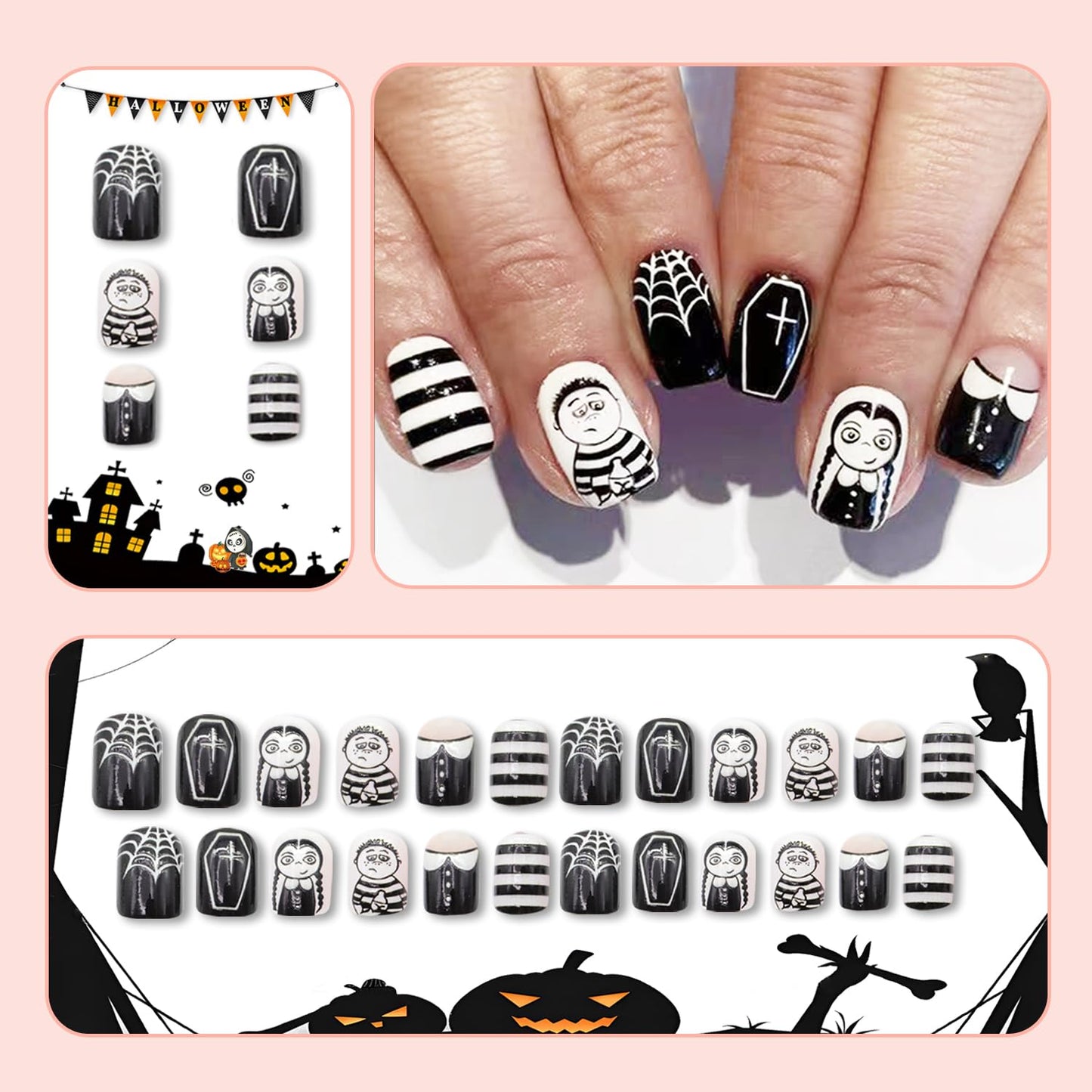 Halloween Horror Press on Nails Glossy Fake Nails Black White Stripe Spider Web Halloween Nail Art Designs Square Short False Nails Reusable Artificial Nails Full Cover Glue on Nails for Women 24 Pcs