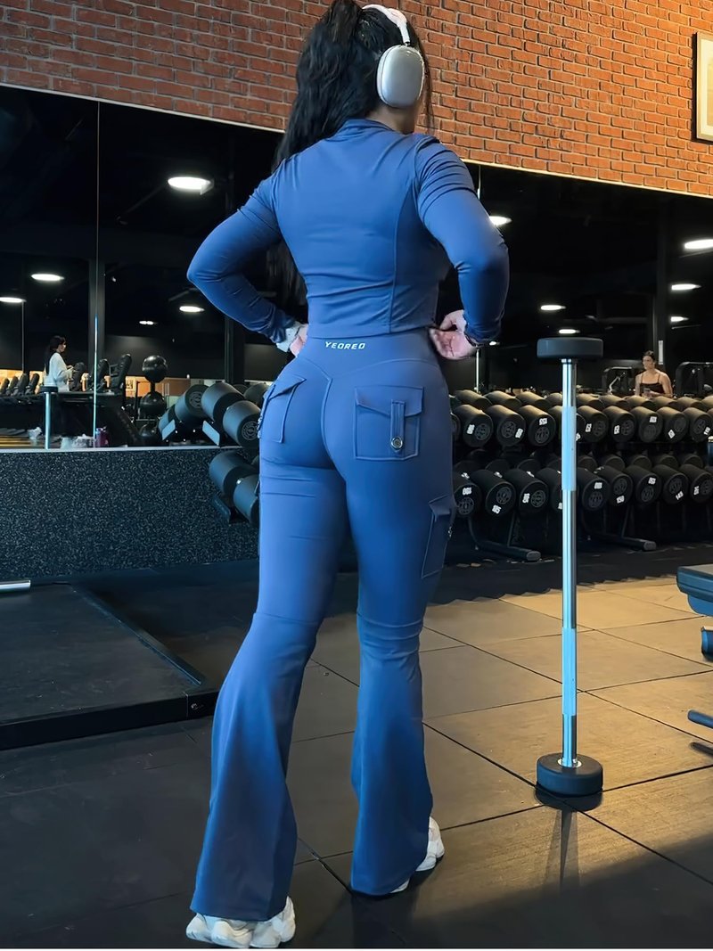 YEOREO CoreFlex Women Workout Flare Leggings with Pockets Hidden Scrunch High Waisted Cargo Gym Yoga Leggings Navy S
