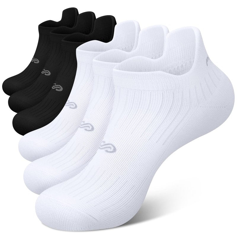 PAPLUS 6 Pairs Running Socks Men and Women - Cushioned Moisture Wicking Anti-Blister Mens Ankle Socks (black+white)