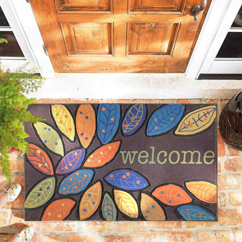 CHICHIC Door Mat, Welcome Mat 17x 30 Inch Front Door Mat Outdoors for Home Entrance Outdoors Mat for Outside Entry Way Doormat Entry Rugs, Heavy Duty Non Slip Rubber Back Low Profile, Leaves