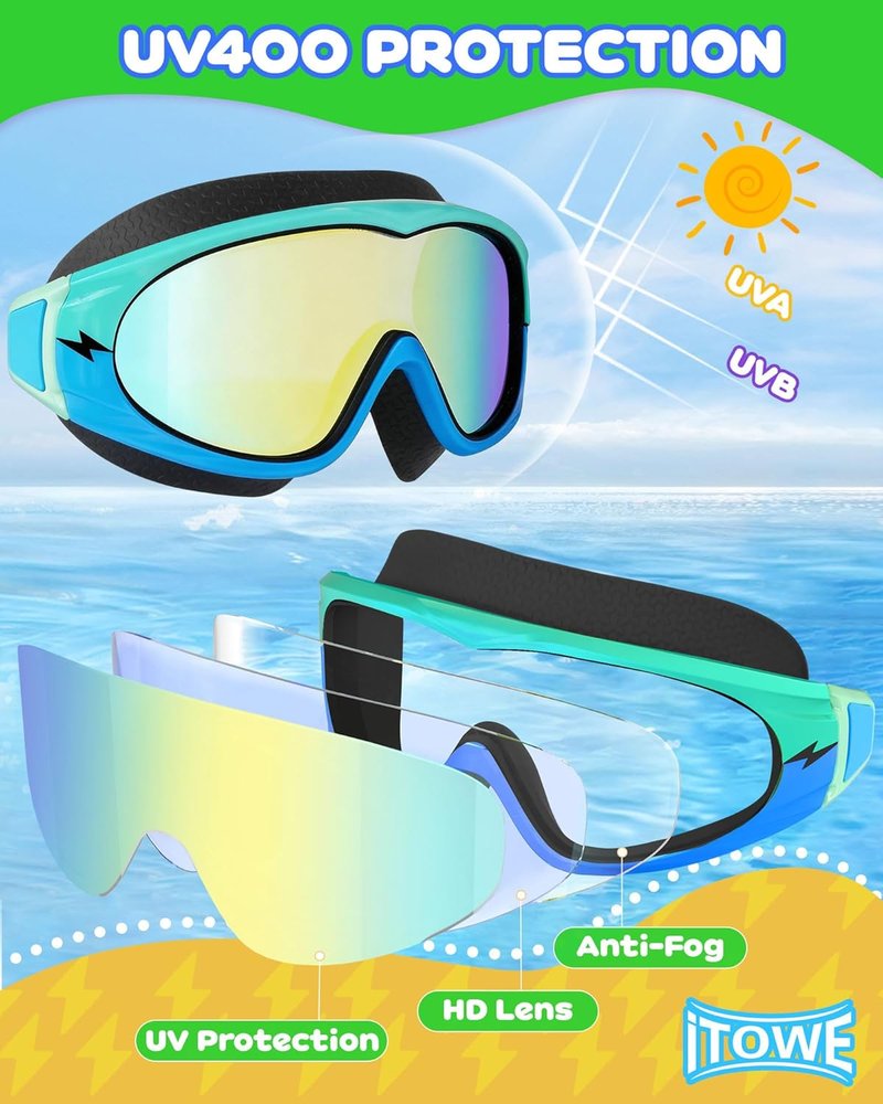 Wide View Swimming Goggles for Kids - Anti-Fog & UV Protection | 2 Pack, No Leak Design, Ages 5-15