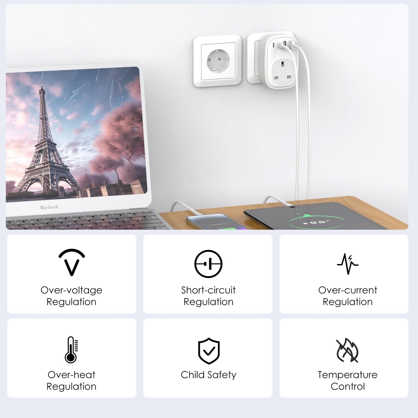 UK to European Plug Adapter - UK to EU Euro Europe Schuko 40W USB C Fast Travel Plug Adaptor Grounded USBC Type C Charger for Spain Turkey France Germany Iceland Poland Greece Russia (Type E/F)Tusreda