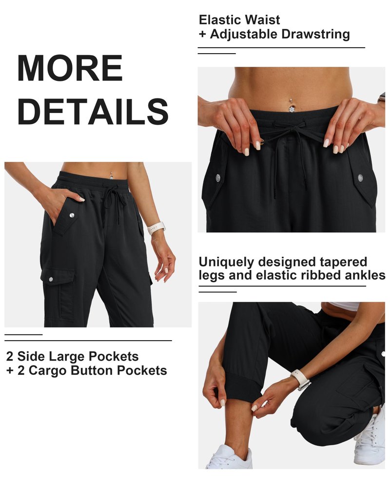MoFiz Women's Outdoor Cargo Pants Lightweight Joggers Elastic Waist Athletic Hiking Sweatpants Casual Travel Pant with Pocket Black M