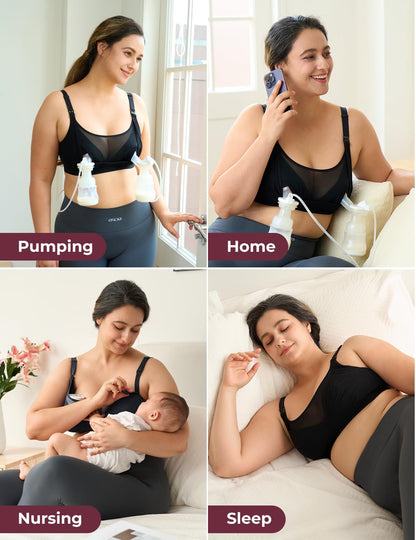 Momcozy Mesh Support Pumping Bra Hands Free Suitable for 36C-44G, HF018 Comfortable Plus Size Pumping and Nursing Bra in One Black